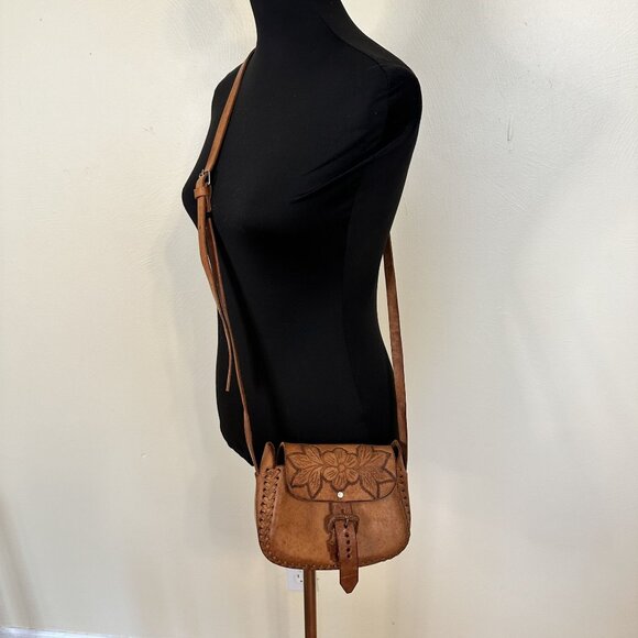 Handcrafted Brown Leather Crossbody Bag Floral Embossed Purse Adjustable Strap - Picture 2 of 7